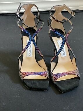 Jimmy Choo Black Suede Heels with Multicolored Crystal Straps